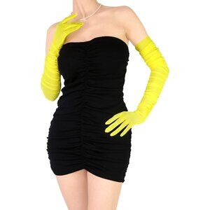 Women's Yellow Sexy Tulle Sheer Mesh Long Satin Gloves Party Prom Costume